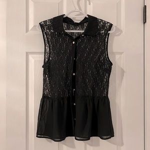 Black lace see through collared shift with jeweled buttons.